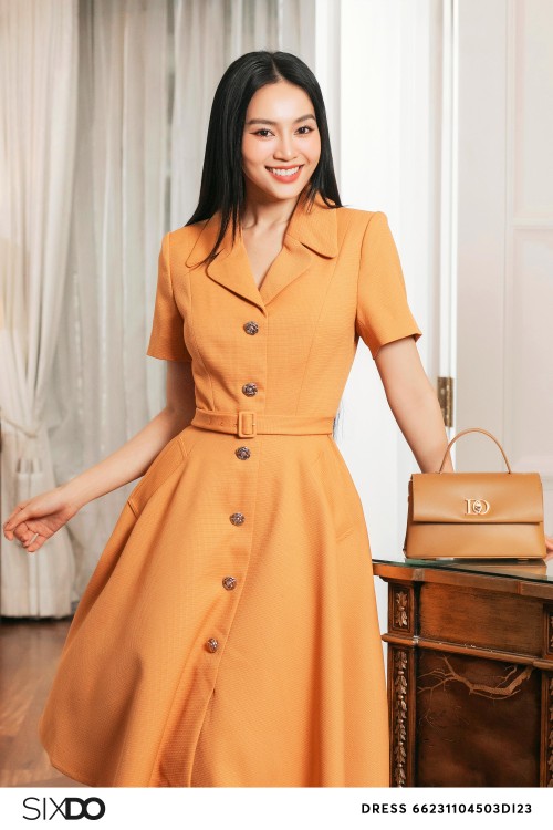 Sixdo Orange Short Sleeves Midi Raw Dress